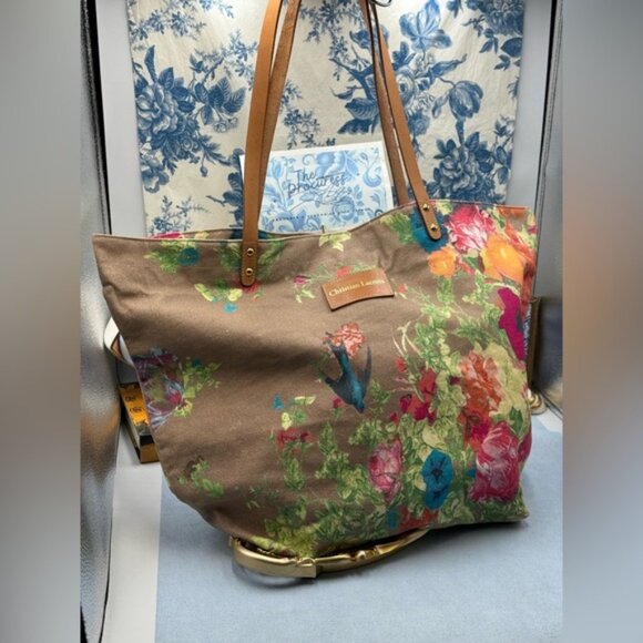 🆕 CHRISTIAN LACROIX 🧿 NWOT Shopping Tote Eden 1 Printed Canvas Taupe & Florals - Picture 3 of 16